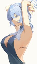 Rule 34 | 1girl, ako (blue archive), ako (dress) (blue archive), armpits, arms up, backless dress, backless outfit, black hairband, blue archive, blue eyes, blue hair, blue halo, breasts, cleavage, dress, fingernails, grey background, hairband, halo, hashtag-only commentary, highres, large breasts, looking at viewer, medium hair, michelan, nail polish, official alternate costume, pink nails, sideless dress, sideless outfit, simple background, single handcuff, sleeveless, sleeveless dress, solo, upper body