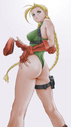 Rule 34 | 1girl, ass, bare shoulders, beret, blonde hair, blue eyes, braid, breasts, cammy white, capcom, commentary request, facial scar, fingerless gloves, from behind, gauntlets, gloves, gradient background, green leotard, hat, highres, holster, leotard, lips, looking at viewer, looking back, medium breasts, red hat, scar, scar on cheek, scar on face, simple background, skin tight, sleeveless, solo, street fighter, thigh holster, thighs, twin braids, x chitch