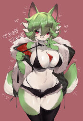 Rule 34 | 1girl, absurdres, animal ears, between breasts, black jacket, black nails, black thighhighs, body fur, breasts, commentary, creatures (company), dog ears, dog girl, fingernails, fur-trimmed jacket, fur trim, furry, furry female, game freak, gardevoir, gen 3 pokemon, green fur, green hair, hair between eyes, heart, highres, jacket, large breasts, looking at viewer, mole, mole under mouth, nail polish, navel, nintendo, open fly, pokemon, red background, red eyes, short hair, short shorts, shorts, simple background, smile, solo, standing, symbol-only commentary, tail, thighhighs, thighs, two-tone fur, white fur, yoru (yoru vida)