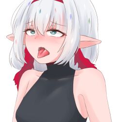 Rule 34 | ahegao, armpits, blue eyes, character request, raised eyebrows, hairband, heart, heart-shaped pupils, pipe dream (nepucosann), pointy ears, red hairband, saliva trail, simple background, sleeveless, symbol-shaped pupils, tongue, tongue out, turtleneck, white background, white hair