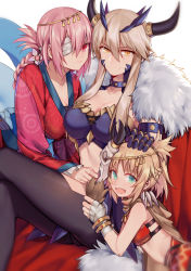 Rule 34 | 3girls, absurdres, ahoge, aqua eyes, artoria pendragon (fate), artoria pendragon (lancer alter) (fate), artoria pendragon (lancer alter) (ox-demon king) (fate), blonde hair, braid, breasts, cleavage, closed mouth, fate/grand order, fate (series), florence nightingale (divine princess of the storm) (fate), florence nightingale (fate), highres, horns, light smile, looking at viewer, mordred (fate), mordred (fate/apocrypha), mordred (true samadhi fire) (fate), multiple girls, navel, open mouth, pink hair, ponytail, yellow eyes, yorukun, aged down, yuri