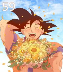 Rule 34 | 1boy, ^ ^, arm up, black hair, bouquet, closed eyes, cloud, cloudy sky, commentary request, day, dougi, dragon ball, dragonball z, closed eyes, flower, flower request, happy, image sample, kuuta (extra414), leaf, male focus, open mouth, orange flower, outdoors, petals, pink flower, short hair, signature, sky, smile, son goku, spiked hair, sunflower, twitter sample, upper body, wristband, yellow flower