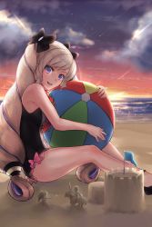Rule 34 | 1girl, ball, beach, beachball, black bow, blonde hair, bow, cloud, elise (fire emblem), elise (summer) (fire emblem), fire emblem, fire emblem fates, fire emblem heroes, from side, hair bow, highres, long hair, looking to the side, miya (miyaruta), multicolored hair, nintendo, one-piece swimsuit, outdoors, parted lips, pink bow, purple eyes, purple hair, ryoma (fire emblem), sand, sand castle, sand sculpture, sitting, sky, solo, star (sky), swimsuit, twintails, water, wreath, xander (fire emblem)