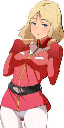 Rule 34 | 1girl, belt, blonde hair, blue eyes, breasts, chirashi (so), closed mouth, female focus, gundam, highres, looking at viewer, medium breasts, military, military uniform, mobile suit gundam, pantyhose, sayla mass, short hair, simple background, skirt, solo, uniform, white background