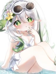 Rule 34 | 1girl, arm support, bikini, blush, bow, bow bikini, breasts, cross-shaped pupils, eyewear on head, feet out of frame, finger to mouth, flower, frilled bikini, frills, genshin impact, green eyes, green hair, green nails, hair between eyes, hair flower, hair ornament, highres, knees up, leaf hair ornament, long hair, looking at viewer, multicolored hair, nahida (genshin impact), nanakusa yomogi, partially submerged, pointy ears, side ponytail, sitting, small breasts, solo, swimsuit, symbol-shaped pupils, water, water drop, white-framed eyewear, white bikini, white hair