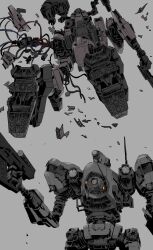 Rule 34 | armored core, armored core 6, battle damage, cowboy shot, from below, full body, grey background, gun, highres, holding, holding gun, holding weapon, loader 4, mecha, mecha focus, missile pod, no humans, one-eyed, orange eyes, robot, science fiction, simple background, soldalepaz11, standing, thrusters, weapon