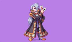 Rule 34 | 1990s (style), 1boy, abysswolf, ace (playing card), ace of diamonds, ace of hearts, card, coat, diamond (shape), final fantasy, final fantasy vi, hand in pocket, heart, long hair, male focus, pixel art, playing card, purple background, retro artstyle, scar, setzer gabbiani, solo, white hair