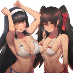 Rule 34 | black hair, blush, breasts, brown hair, closed mouth, commentary, girls&#039; frontline, hairband, hood (james x), large breasts, long hair, looking at viewer, multiple girls, navel, open mouth, type 95 (girls&#039; frontline), type 97 (girls&#039; frontline), simple background, swimsuit, twintails, very long hair, white background, yellow eyes
