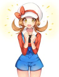 Rule 34 | 1girl, blush, bow, breasts, brown hair, chestnut mouth, clenched hands, collarbone, cowboy shot, creatures (company), diamond-shaped pupils, diamond (shape), female focus, game freak, hands up, happy, hat, hat bow, looking at viewer, lyra (pokemon), nintendo, open mouth, overalls, pokemon, pokemon hgss, red bow, red shirt, shirt, simple background, small breasts, smile, solo, standing, straight-on, symbol-shaped pupils, thigh gap, twintails, white background, white hat, yellow eyes, yuhi (hssh 6)