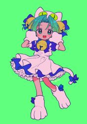 Rule 34 | 1girl, animal hands, animal hat, apron, bell, blue dress, blush, cat hat, cat tail, dejiko, di gi charat, discowars, dress, frilled dress, frills, full body, gloves, green background, green hair, hair bell, hair ornament, hair ribbon, hands up, hat, jingle bell, leg up, looking at viewer, maid apron, open mouth, paw gloves, paw shoes, puffy short sleeves, puffy sleeves, ribbon, short hair, short sleeves, simple background, smile, solo, tail, tail ornament, tail ribbon, teeth
