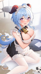Rule 34 | 1girl, ahoge, alternate costume, apron, artist name, bell, blue hair, blurry, blurry background, blush, breasts, cleavage, cowbell, enmaided, fukuro daizi, ganyu (genshin impact), genshin impact, goat horns, highres, horns, large breasts, long hair, looking at viewer, maid, maid apron, maid headdress, milk, open mouth, paid reward available, pantyhose, purple eyes, signature, sitting, sleeveless, solo, tears, twitter username, wavy hair, white apron, white pantyhose