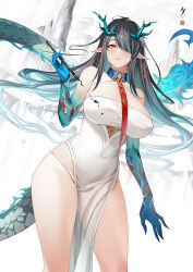 Rule 34 | 1girl, absurdres, arknights, black hair, blue hair, blush, breasts, china dress, chinese clothes, chinese commentary, cleavage cutout, clothing cutout, colored skin, commentary request, d. joko, dragon girl, dragon horns, dragon tail, dress, dusk (arknights), earrings, flame-tipped tail, floating hair, hair over one eye, hair spread out, highres, holding, holding brush, horns, jewelry, large breasts, long hair, looking at viewer, multicolored hair, necktie, open mouth, panties, pointy ears, red eyes, red necktie, solo, streaked hair, tail, tassel, tassel earrings, underwear, variant set, white dress, white panties