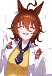 Rule 34 | 1girl, ^ ^, agnes tachyon (umamusume), ahoge, animal ears, black neckwear, black shirt, breasts, brown hair, closed eyes, collared shirt, eighth note, facing viewer, hair between eyes, hair intakes, highres, horse ears, lab coat, long sleeves, musical note, open clothes, shirt, simple background, sleeves past fingers, sleeves past wrists, small breasts, solo, sweater, translation request, umamusume, upper body, white background, yayoi maka, yellow sweater