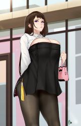 Rule 34 | 1girl, bag, black pantyhose, blue eyes, breasts, cleavage, cleavage cutout, clothing cutout, cowboy shot, dress, handbag, highres, holding, holding bag, huge breasts, looking to the side, mole, mole under eye, original, pantyhose, pink bag, short dress, solo, thighs, zcune, zipper