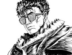 Rule 34 | 1boy, armor, berserk, berserker armor, closed mouth, commentary, english commentary, glasses, grass, greyscale, guts (berserk), highres, looking at viewer, meme, monochrome, portrait, scar, scar on neck, short hair, simple background, solo, substance20, white background