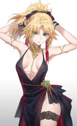 Rule 34 | 1girl, armpits, arms behind head, arms up, bare shoulders, belly chain, black dress, blonde hair, braid, breasts, bridal garter, collarbone, commentary request, dress, fate/apocrypha, fate (series), french braid, green eyes, hair ribbon, highres, jewelry, long hair, looking at viewer, mordred (fate), mordred (fate/apocrypha), parted bangs, ponytail, ribbon, sidelocks, small breasts, solo, tonee