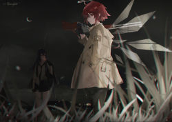 Rule 34 | 2girls, absurdres, arknights, black pants, black skirt, chinese commentary, chromatic aberration, cigarette, cjmy, coat, commentary request, crescent moon, dark, exusiai (arknights), glowing, glowing wings, grass, gun, hair between eyes, halo, hand in pocket, highres, holding, holding gun, holding weapon, lever action, long hair, looking at viewer, miniskirt, moon, multiple girls, necktie, night, open clothes, open coat, outdoors, pants, patch, red eyes, red hair, rifle, shirt, short hair, shoulder patch, shoulder rest, skirt, smoke, smoking, standing, texas (arknights), weapon, white shirt, wings, yellow coat