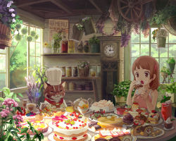 Rule 34 | 1girl, bare shoulders, basket, bookshelf, brown eyes, brown hair, butter, cake, cat, checkerboard cookie, chef, chef hat, child, clock, cookie, cup, dessert, doughnut, eating, flower, food, food on face, fruit, grandfather clock, hair ornament, hairclip, harupy, hat, heart, indoors, jar, lens flare, menu, mont blanc (food), mug, neckerchief, open mouth, original, pancake, pastry, plant, potted plant, resized, revision, ringed eyes, shirt, short hair, sleeveless, sleeveless shirt, strawberry, strawberry shortcake, swiss roll, table, tart (food), teacup, teapot, whipped cream, window