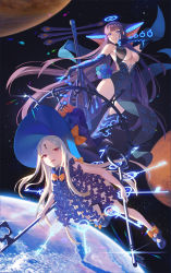 Rule 34 | 2girls, abigail williams (fate), abigail williams (second ascension) (fate), bare shoulders, black bow, black dress, black gloves, black headwear, black legwear, black panties, blonde hair, blue eyes, blunt bangs, blush, bow, breasts, center opening, cleavage, dress, elbow gloves, fate/grand order, fate (series), forehead, gloves, halo, hat, highres, key, keyhole, large breasts, long hair, looking at viewer, multiple bows, multiple girls, navel, open mouth, orange bow, panties, parted bangs, pipa (instrument), planet, purple hair, red eyes, small breasts, smile, space, staff, thighhighs, thighs, third eye, underwear, very long hair, witch hat, yang guifei (fate), yang guifei (third ascension) (fate), yaxiya