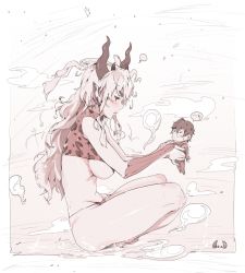 Rule 34 | ..., 1boy, 1girl, animal ears, bad id, bad pixiv id, barefoot, black hair, blush, breasts, character request, eyebrows, from side, full body, horns, hxxg, indian style, large breasts, long hair, pout, short hair, sitting, size difference, sketch, spoken ellipsis, the god of high school, thick eyebrows, track suit, uma (the god of high school), underboob, wavy hair