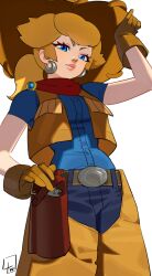 Rule 34 | 1girl, absurdres, adjusting clothes, adjusting headwear, belt, blonde hair, blue eyes, brown gloves, brown vest, chaps, cowboy hat, cowgirl (western), cowgirl peach, denim, earrings, eyelashes, gloves, gun, handgun, hat, highres, holster, jeans, jewelry, l4wless, mario (series), nintendo, official alternate costume, official alternate hairstyle, pants, ponytail, princess peach, princess peach: showtime!, red scarf, scarf, simple background, solo, vest, weapon