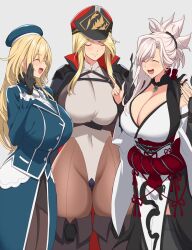 Rule 34 | 3girls, armor, arms under breasts, asymmetrical hair, atago (kancolle), bare shoulders, beret, black gloves, black thighhighs, blonde hair, bodysuit, boots, breasts, brown footwear, cleavage, closed eyes, closed mouth, coat, collared leotard, commentary, covered navel, crossed arms, crotch plate, dragon, dragon print, earrings, eastern dragon, fate/samurai remnant, fate (series), front-seamed legwear, gloves, grey background, hair bun, hair ornament, hand on own face, hand up, hands up, hat, highleg, highleg leotard, highres, huge breasts, indomitable marie, jacket, jacket on shoulders, japanese armor, japanese clothes, jewelry, kantai collection, kepi, kimono, kloah, kote, last origin, leotard, long hair, magatama, magatama necklace, mari (last origin), military, military hat, military uniform, miyamoto musashi (fate), multiple girls, necklace, obi, official alternate costume, open mouth, pantyhose, pink hair, ponytail, red headwear, rope, sash, seamed legwear, shimenawa, side slit, simple background, skirt, smile, standing, swept bangs, tassel, thick eyebrows, thick thighs, thigh boots, thighhighs, thighs, trench coat, uniform, white kimono, white leotard, wide sleeves