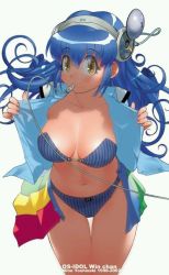 Rule 34 | 1girl, blue hair, bra, breasts, cable, large breasts, lingerie, long hair, looking at viewer, mouth hold, open clothes, open shirt, os-tan, panties, personification, shirt, solo, underwear, undressing, winchan, yellow eyes, yoshizaki mine