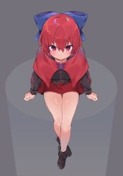 Rule 34 | 1girl, akagashi hagane, bare shoulders, black footwear, black shirt, blue bow, blush, boots, bow, cape, commentary request, full body, grey background, hair between eyes, hair bow, high collar, long sleeves, looking at viewer, miniskirt, red cape, red eyes, red hair, red skirt, sekibanki, shirt, short hair, simple background, sitting, skirt, solo, thighs, touhou