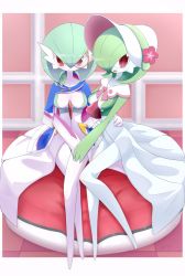 Rule 34 | 2girls, arm around waist, artist name, blue jacket, bob cut, bonnet, border, breasts, capelet, closed mouth, clothed pokemon, collarbone, colored skin, creatures (company), crossed legs, cushion, elbow gloves, female focus, flower, full body, game freak, gardevoir, gardevoir (fashionable), gardevoir (sacred), gen 3 pokemon, gloves, green hair, green skin, hair between eyes, hair over one eye, hand on another&#039;s hand, happy, hat, hat flower, highres, indoors, jacket, knees together feet apart, looking at viewer, medium breasts, monocle, multicolored skin, multiple girls, neichii, nintendo, one eye covered, open clothes, open jacket, open mouth, outside border, pink flower, pink trim, pokemon, pokemon (creature), pokemon unite, red eyes, see-through, short hair, signature, sitting, smile, split mouth, two-tone skin, white border, white capelet, white gloves, white headwear, white skin, yellow-framed eyewear, yuri
