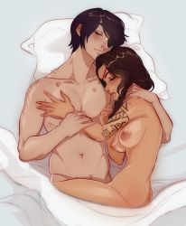 Rule 34 | 1boy, 1girl, aphelios, arm tattoo, artist name, black hair, blanket, blush, brown hair, closed mouth, collarbone, completely nude, eyepatch, hetero, highres, ilwha, league of legends, lipstick mark, long hair, lying, mole, mole above mouth, navel, nipples, nude, on back, on side, pillow, samira, short hair, tattoo