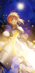 Rule 34 | 1girl, ahoge, armor, artist request, artoria pendragon (fate), blonde hair, colored eyelashes, ebzmahs0192, fate/stay night, fate (series), female knight, glowing, glowing sword, glowing weapon, green eyes, highres, knight, saber (fate), solo, star (symbol), tree, weapon
