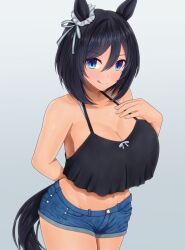 Rule 34 | 1girl, alternate costume, animal ears, arm behind back, armpits, bare shoulders, black hair, black tank top, blue eyes, blush, breasts, cleavage, closed mouth, commentary request, cowboy shot, denim, denim shorts, ear covers, eishin flash (umamusume), gradient background, hand on own chest, highres, horse ears, horse girl, horse tail, large breasts, licking lips, looking at viewer, m172/minatsu, midriff, navel, short hair, short shorts, shorts, smile, solo, tail, tank top, tongue, tongue out, umamusume