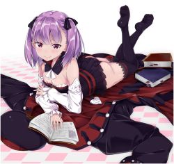 Rule 34 | &gt;:), 1girl, ass, black panties, black ribbon, black thighhighs, blush, book, breasts, checkered floor, cleavage, clothes on floor, coat, detached collar, detached sleeves, dress, fate/grand order, fate (series), feet, fingernails, hair ribbon, hat, unworn hat, unworn headwear, helena blavatsky (fate), helena blavatsky (third ascension) (fate), highres, legs up, looking at viewer, lying, nishimi shin, no shoes, on stomach, open book, panties, purple eyes, purple hair, ribbon, small breasts, smile, solo, the pose, thighhighs, twintails, underwear, v-shaped eyebrows