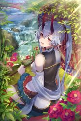 Rule 34 | 1girl, breasts, bridge, china dress, chinese clothes, commentary request, dress, fate/grand order, fate (series), floral background, hair ribbon, head tilt, highres, holding, holding umbrella, horns, large breasts, long hair, looking at viewer, nature, oni horns, pantsu majirou, red eyes, red ribbon, ribbon, river, silver hair, sitting, smile, solo, tomoe (symbol), tomoe gozen (fate), tomoe gozen (traveling outfit) (fate), umbrella, water, waterfall