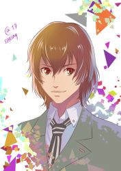 Rule 34 | 10s, 1boy, akechi gorou, autumn-sacura, brown hair, formal, male focus, necktie, persona, persona 5, red eyes, smile, solo, suit, triangle, upper body