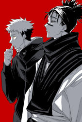 Rule 34 | 2boys, choso (jujutsu kaisen), closed mouth, facial tattoo, greyscale, greyscale with colored background, gusha (orenji hnkn), hand up, high collar, highres, itadori yuuji, japanese clothes, jujutsu kaisen, kimono, looking away, monochrome, multiple boys, partially colored, profile, red background, scar, scar on face, scarf, short hair, short twintails, simple background, spot color, tattoo, twintails, undercut, upper body, yellow eyes