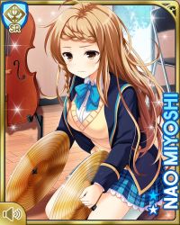 Rule 34 | 1girl, blazer, blue bow, blue jacket, blue skirt, bow, braid, brown eyes, brown hair, card, cello, character name, closed mouth, cymbals, day, girlfriend (kari), indoors, instrument, jacket, long hair, miyoshi nao, official art, plaid, plaid skirt, qp:flapper, shirt, skirt, solo, sweater vest, tagme, white shirt, yellow sweater vest