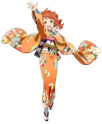 Rule 34 | 1girl, arm up, floral print, full body, furisode, japanese clothes, kimono, long hair, long sleeves, looking at viewer, non-web source, obi, official art, open mouth, orange hair, sandals, sash, simple background, solo, sword art online, tabi, waving, white background, wide sleeves, yellow eyes