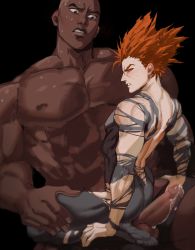 Rule 34 | 2boys, abs, absurdres, ass, bald, black background, black bodysuit, blush, bodysuit, briefs, chougoukin kurobikari, clenched teeth, colored sclera, cum, dark-skinned male, dark skin, dudlesnoodles, ejaculation, erection, feet, garou (one-punch man), highres, large penis, looking at another, male focus, male underwear, multiple boys, muscular, muscular male, nipples, one-punch man, orange hair, orange sclera, pectorals, penis, pointy hair, precum, scar, scar on face, sitting, sitting on lap, sitting on person, size difference, sweat, teeth, testicles, torn clothes, underwear, yaoi, yellow eyes