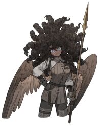 Rule 34 | 1girl, absurdres, bird girl, bird wings, blue eyes, brown hair, brown wings, closed mouth, commentary, cowboy shot, cross scar, curly hair, dark-skinned female, dark skin, floating hair, hand on own hip, head tilt, highres, holding, holding polearm, holding weapon, long hair, long sleeves, looking at viewer, napal (ve xillum), original, polearm, ringed eyes, scar, scar across eye, scar on face, simple background, solo, spear, standing, symbol-only commentary, weapon, white background, wide-eyed, wings