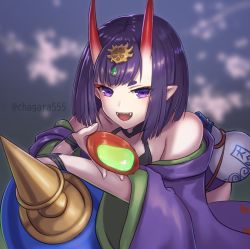 Rule 34 | 1girl, alcohol, bare shoulders, blush, bob cut, bottle, breasts, bridal gauntlets, chagara, collarbone, cup, eyeliner, fangs, fate/grand order, fate (series), gourd, headpiece, horns, japanese clothes, kimono, long sleeves, looking at viewer, makeup, off shoulder, oni, open mouth, pointy ears, purple eyes, purple hair, purple kimono, revealing clothes, sakazuki, sake, short hair, shuten douji (fate), skin-covered horns, small breasts, smile, wide sleeves