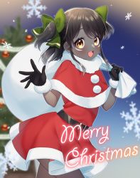 Rule 34 | :d, absurdres, black gloves, black hair, blush, bow, brown eyes, capelet, christmas, christmas ornaments, christmas tree, commission, copyright request, dark-skinned female, dark skin, dress, fang, fur-trimmed capelet, fur-trimmed gloves, fur trim, gloves, green bow, hair bow, highres, holding, holding sack, looking at viewer, merry christmas, open mouth, red capelet, red dress, sack, sakura chiyo (konachi000), santa costume, smile, snowflakes, two side up, virtual youtuber