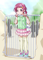 Rule 34 | 1girl, blue footwear, child, cure cotton, full body, gate, green shirt, hair ornament, hairclip, highres, hugtto! precure, low twintails, nono kotori, outdoors, pink skirt, precure, purple eyes, purple hair, shirt, shoes, short hair, short sleeves, short twintails, skirt, smile, solo, thighhighs, tiptoes, twintails, white thighhighs