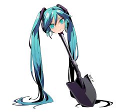 Rule 34 | 1girl, :&gt;, aqua eyes, aqua hair, artist name, closed mouth, commentary, english commentary, full body, hair between eyes, hatsune miku, long hair, looking at viewer, objectification, pikat, shovel, simple background, smile, solo, twintails, v-shaped eyebrows, very long hair, vocaloid, white background, white legwear
