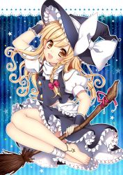 Rule 34 | 1girl, ankle wrap, anklet, bad id, bad pixiv id, bandages, barefoot, blonde hair, bow, braid, broom, broom riding, feet, female focus, hair bow, hand on headwear, hat, highres, jewelry, kirisame marisa, lips, masaru.jp, open mouth, riding, side braid, sidesaddle, smile, solo, touhou, witch, witch hat, wrist cuffs