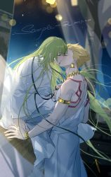 Rule 34 | 2boys, armlet, back tattoo, bare shoulders, blonde hair, bracelet, closed eyes, commentary, earrings, english commentary, enkidu (fate), fate/grand order, fate (series), from side, gilgamesh (fate), green hair, highres, holding hands, jewelry, kiss, lock, lock earrings, long hair, male focus, multiple boys, necklace, night, night sky, robe, rrr (reason), sample watermark, short hair, sitting, sky, star (sky), starry sky, tattoo, very long hair, watermark, white robe, yaoi