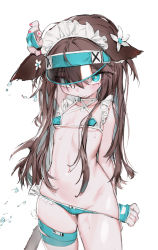 Rule 34 | 1girl, absurdres, animal ears, aqua bikini, aqua eyes, aqua gloves, aqua hat, bikini, bikini pull, breasts, bright pupils, brown hair, cat ears, cat girl, cat tail, clothes pull, cowboy shot, criss-cross halter, flower, gloves, hair between eyes, hair flower, hair ornament, halterneck, hat, highres, kentllaall, long hair, looking at viewer, maid headdress, micro bikini, nail polish, navel, original, pulled by self, simple background, small breasts, solo, stomach, swimsuit, tail, visor cap, wet, white background, white flower