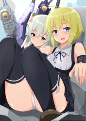 Rule 34 | :d, ahoge, amano soraha, assault lily, bare shoulders, black skirt, black thighhighs, blonde hair, blue eyes, blue ribbon, blue sky, breasts, brown footwear, closed mouth, collared shirt, commentary request, day, detached sleeves, egawa kusumi, grey eyes, grey hair, gungun (hakutou7887), hair between eyes, hand on another&#039;s head, head tilt, heads together, high-waist skirt, knees together feet apart, knees up, leg ribbon, light blush, long hair, looking at viewer, low ponytail, medium breasts, miniskirt, neck ribbon, on ground, open mouth, outdoors, panties, pleated skirt, ponytail, ribbon, rubble, school uniform, shirt, shoes, side-by-side, sitting, skirt, sky, sleeveless, sleeveless shirt, smile, suspender skirt, suspenders, teeth, thigh ribbon, thighhighs, underbust, underwear, upper teeth only, weapon, white panties, white ribbon, white shirt, yuri, yurigaoka girls academy school uniform