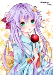 Rule 34 | 10s, 1girl, alternate costume, bad id, bad pixiv id, candy apple, crescent, crescent hair ornament, food, green eyes, hair ornament, holding, holding food, japanese clothes, kantai collection, kimono, long hair, long sleeves, nanase nao, obi, open mouth, purple hair, sash, short hair with long locks, solo, twitter username, wide sleeves, yayoi (kancolle), yukata