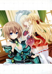 Rule 34 | 2girls, absurdres, bare shoulders, blanc (neptunia), blonde hair, blue eyes, blue gemstone, blush, bow, bowtie, braid, breast conscious, breasts, brown hair, cleavage, cleavage cutout, clothing cutout, collarbone, cosplay, costume switch, day, dress, flat chest, frilled legwear, frown, gem, grid background, hair between eyes, hair ornament, hakama, hakama short skirt, hakama skirt, half updo, halterneck, highres, indoors, japanese clothes, kami jijigen game neptune re;birth 3, kneepits, large breasts, legs together, long hair, looking at viewer, mirror, multiple girls, neptune (series), no bra, official art, open mouth, parted bangs, pleated skirt, reflection, scan, shiny skin, sideboob, skirt, sleeveless, smile, standing, thighhighs, tsunako, v-shaped eyebrows, vert (neptunia), very long hair, white legwear, zettai ryouiki